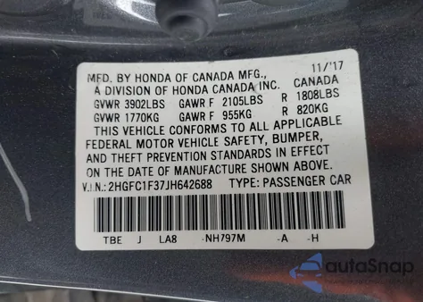 2018 Honda Civic Ex-T из США, поврежденный, VIN 2HGFC1F37JH642688